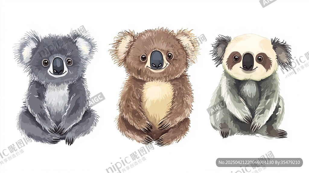 三只可爱考拉水彩插画
