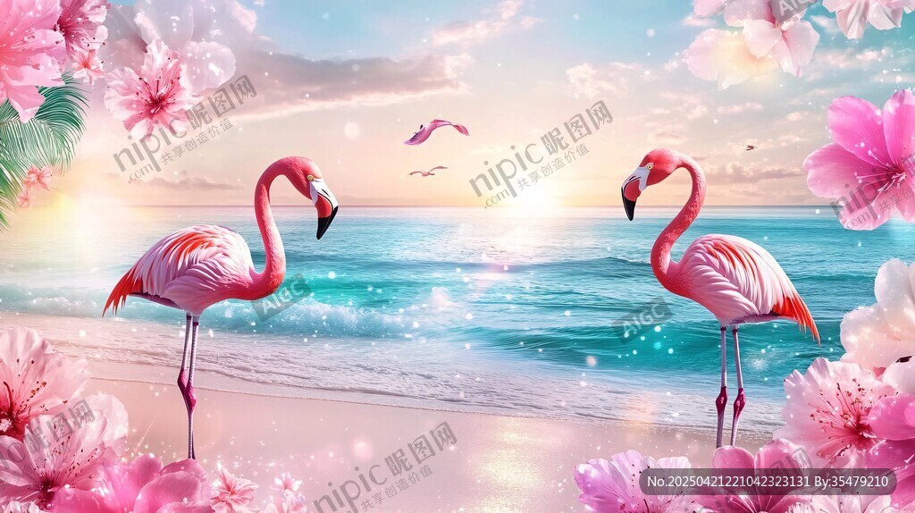 浪漫海滩上的双火烈鸟美景