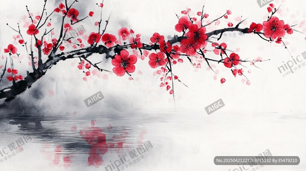 水墨红梅映于湖面之景