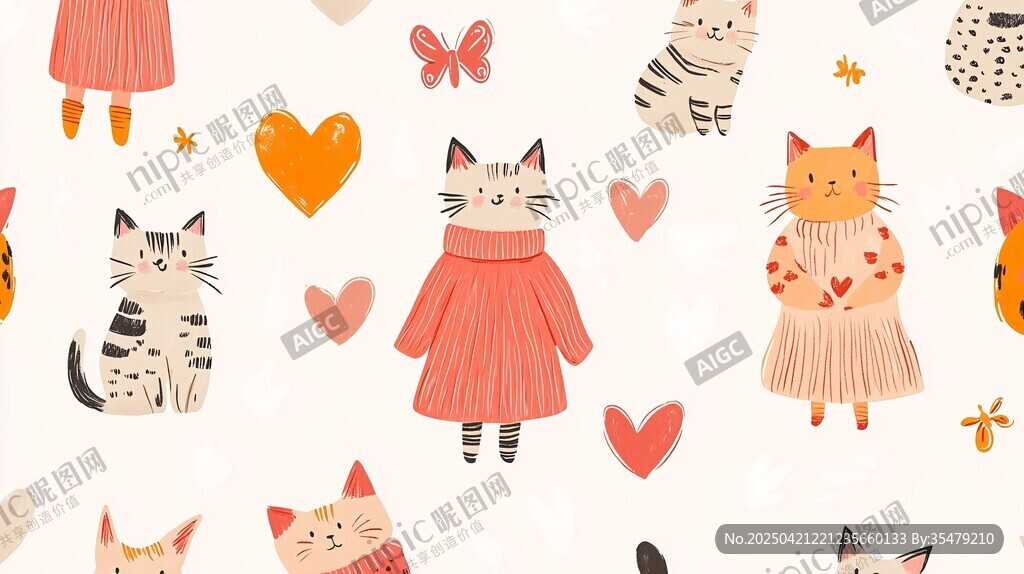 可爱猫咪与爱心图案插画