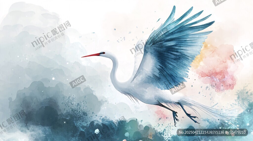 水墨白鹭展翅飞翔图