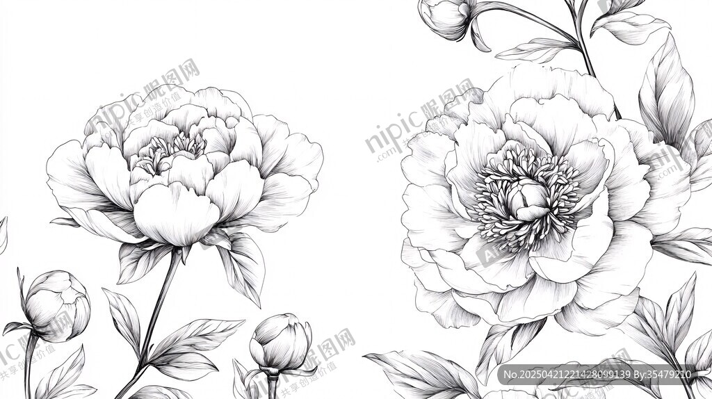 黑白牡丹花卉线稿插画