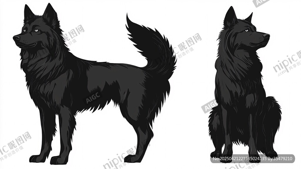 两只黑犬姿态插画