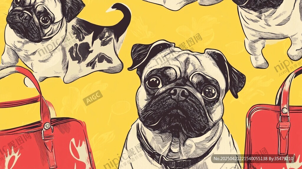 可爱巴哥犬与时尚红提包