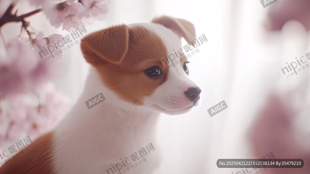 樱花旁的可爱小萌犬