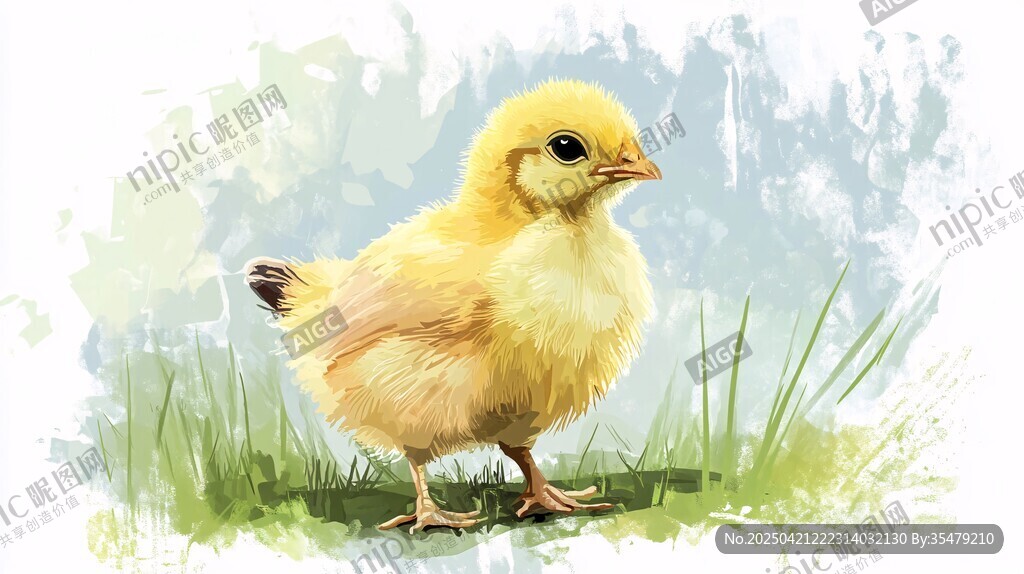 可爱小黄鸡站立在绿草地上