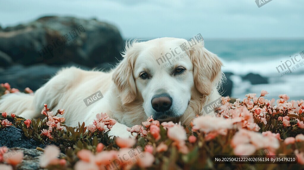 沙滩上的金毛与烂漫小花
