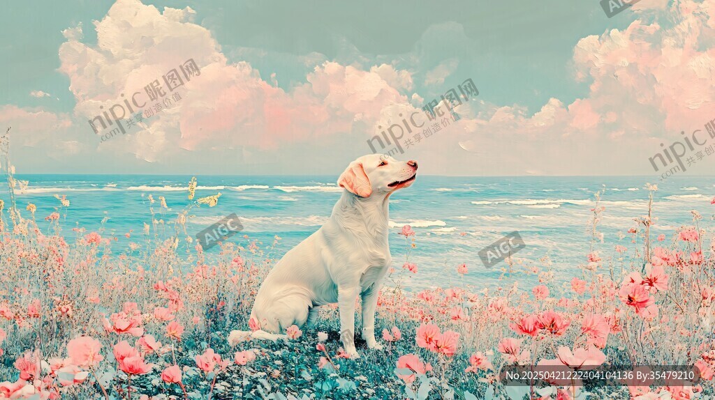 海边花丛中的优雅拉布拉多