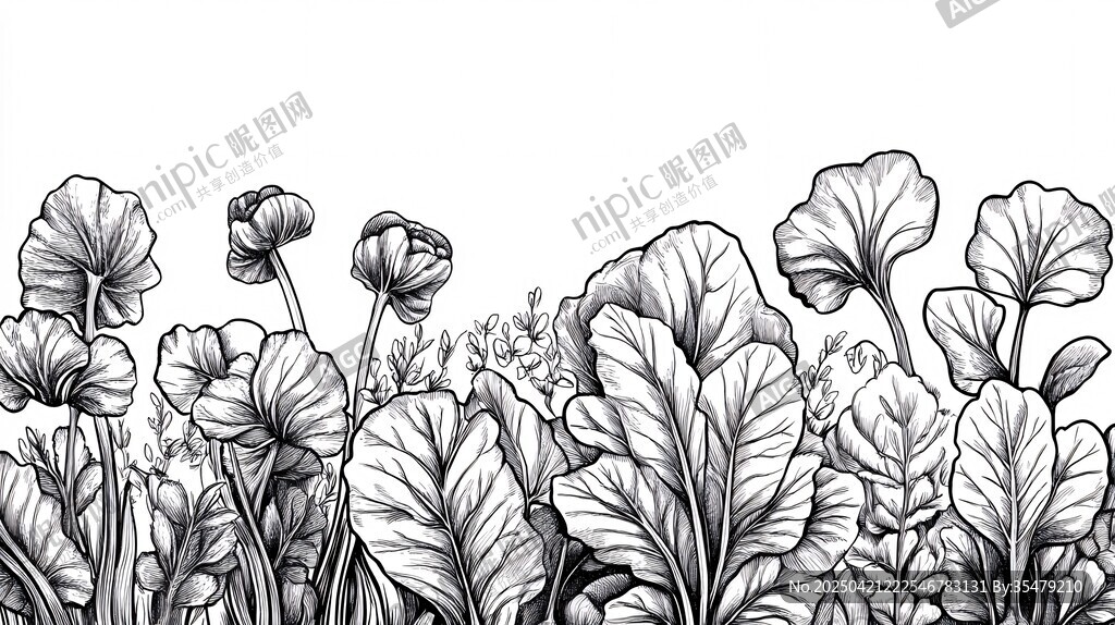 黑白手绘植物花卉图案