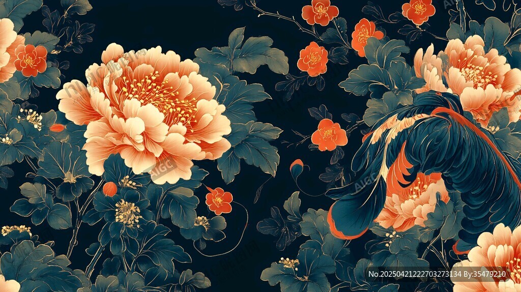 国风牡丹花卉精致插画
