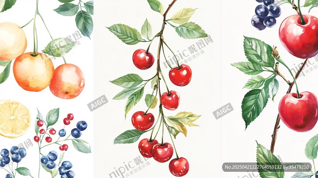 水彩风多彩水果枝叶插画