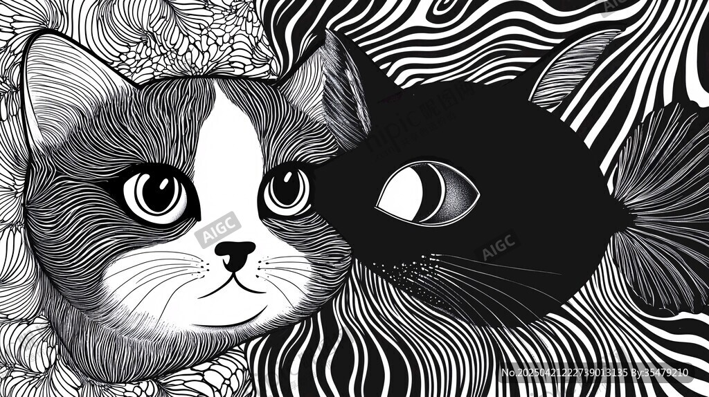猫与鱼的奇幻黑白插画