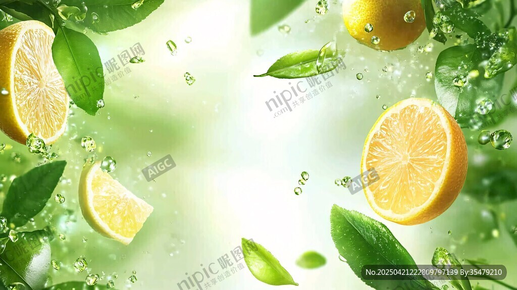 清新柠檬与绿叶飞溅瞬间