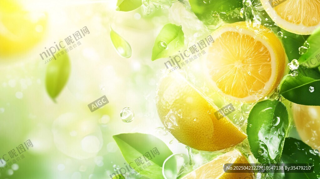 清新柠檬与绿叶飞溅画面