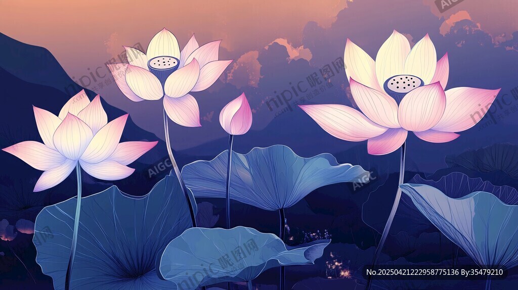 梦幻夜色中的绽放荷花