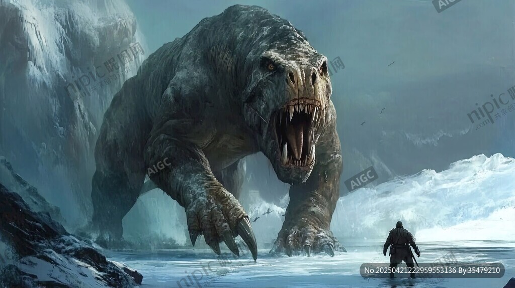 人类对峙冰雪中的巨型怪兽