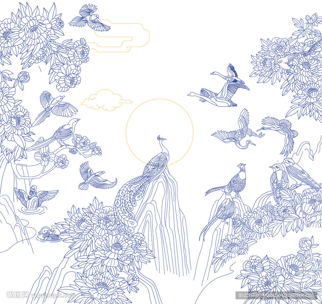 手绘中式花鸟线描艺术图景