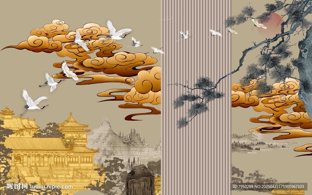 中式古风祥云飞鸟图景