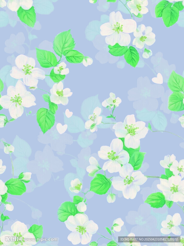 清新蓝底白花绿叶图案
