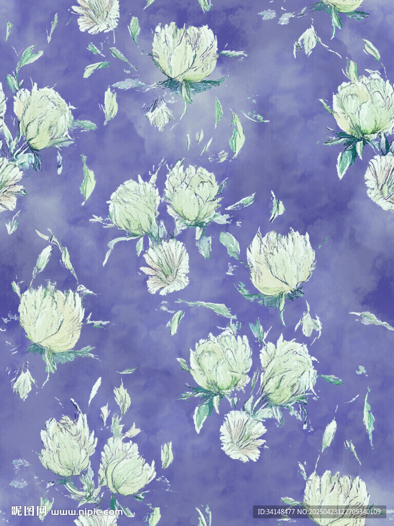 紫色底白花卉水彩图案