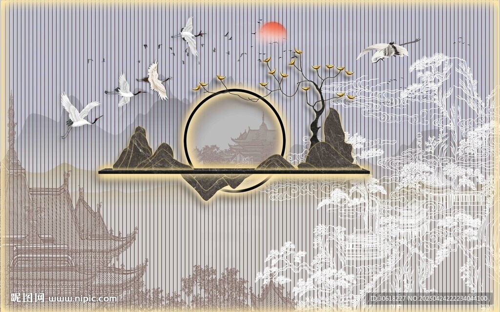 中式山水飞鸟意境插画背景