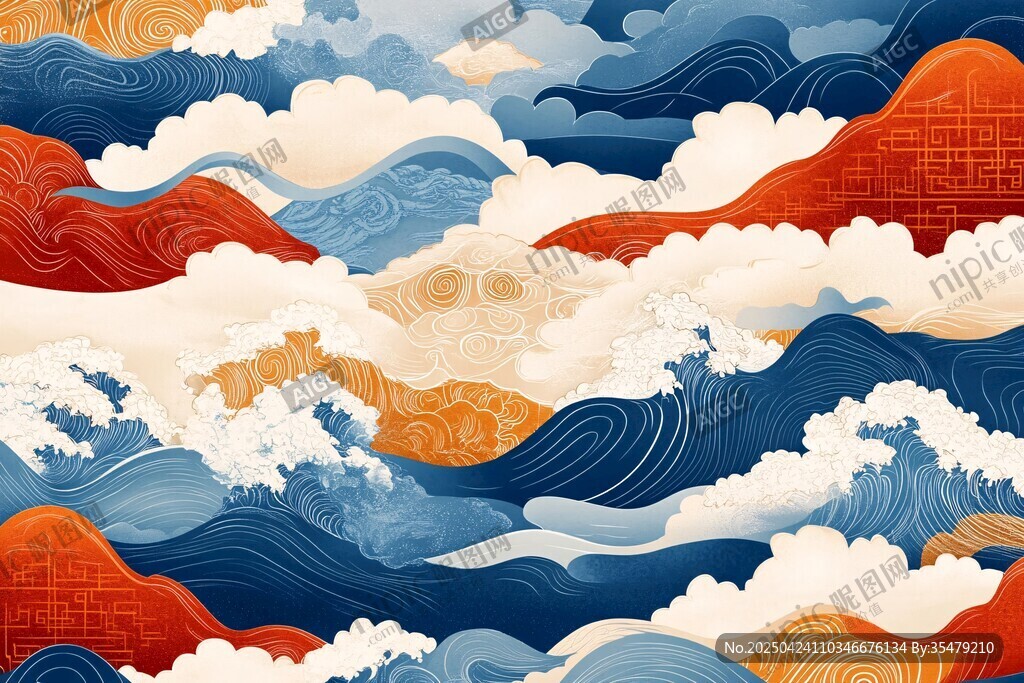 中式海浪祥云纹理图案