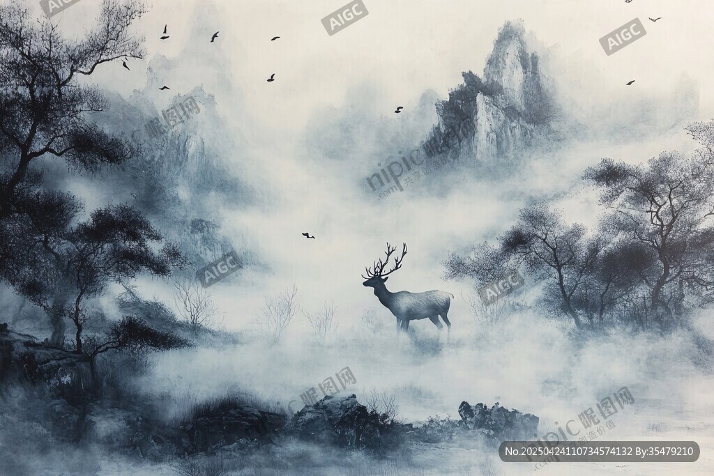 水墨山林间的灵鹿悠游