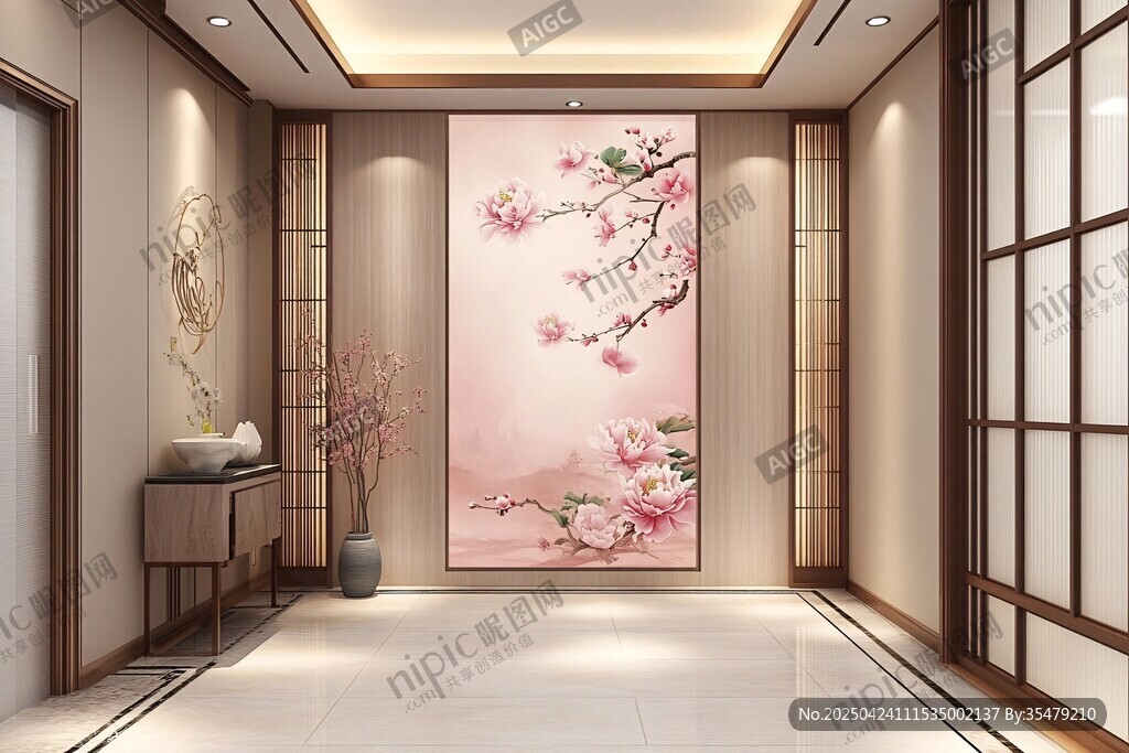 中式玄关 雅致桃花壁画空间