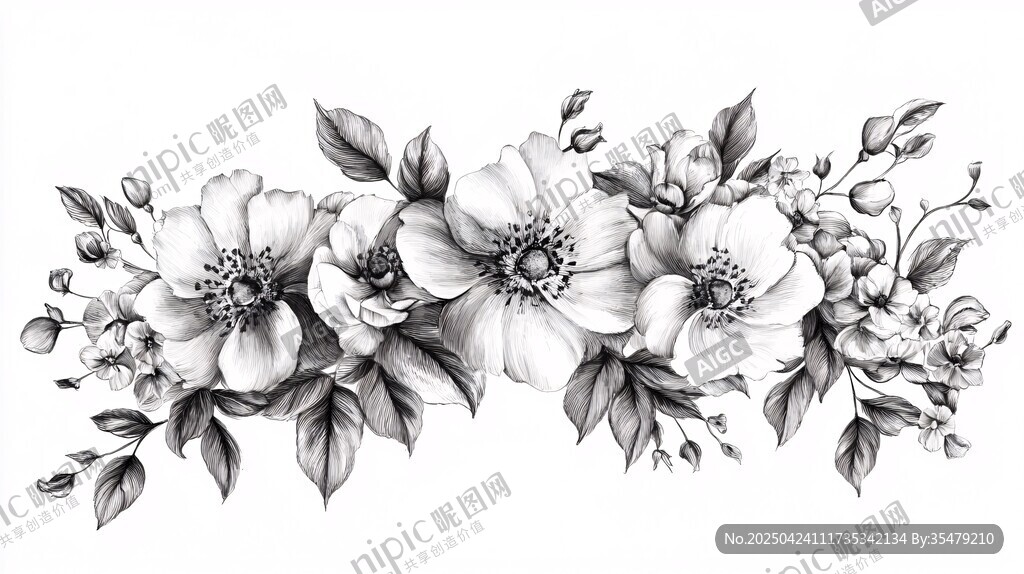 黑白花卉插画装饰图案