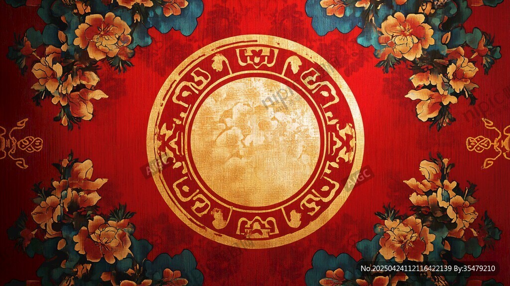 中式红底金纹花卉精美图案