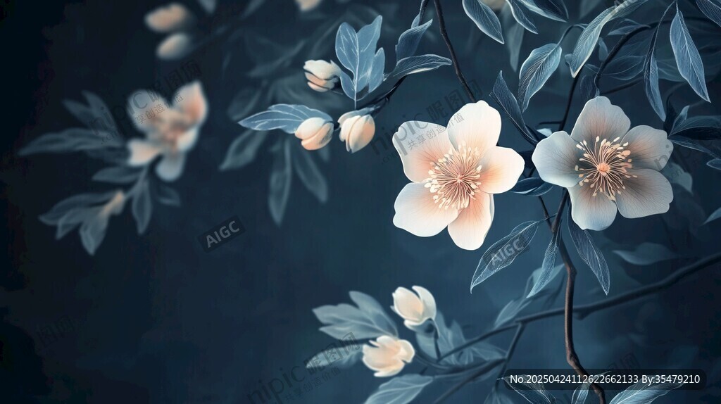 幽蓝背景下的淡雅花卉
