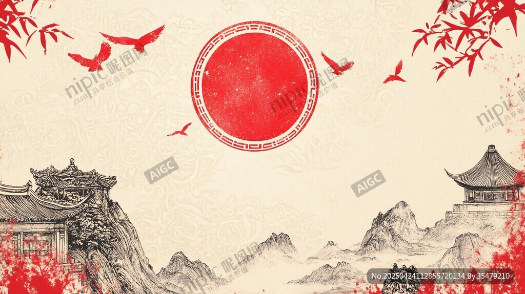 中式古风红日山水意境图