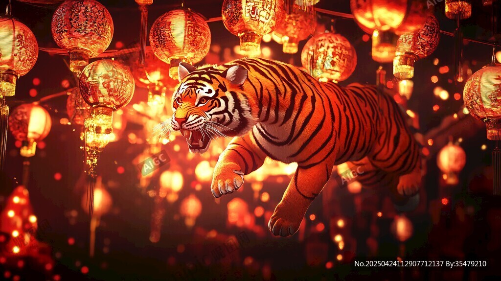 猛虎闹春 灯笼闪耀贺佳节