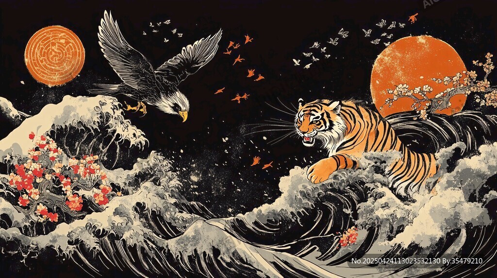 虎跃鹰翔于浪涌月夜间