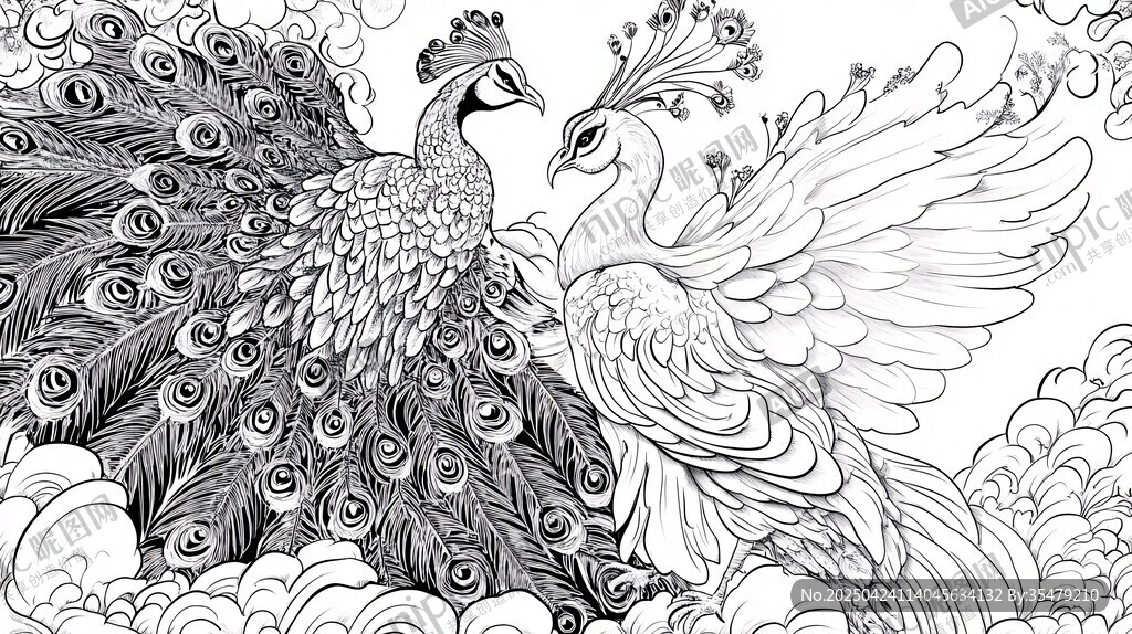 双孔雀华丽图案黑白插画