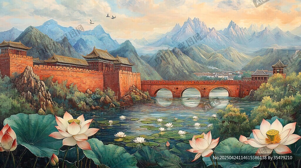 古桥荷花映古城山水景