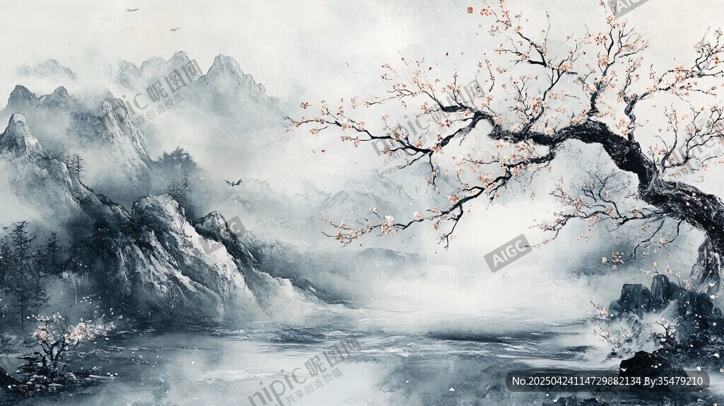 水墨山水间的孤树景致