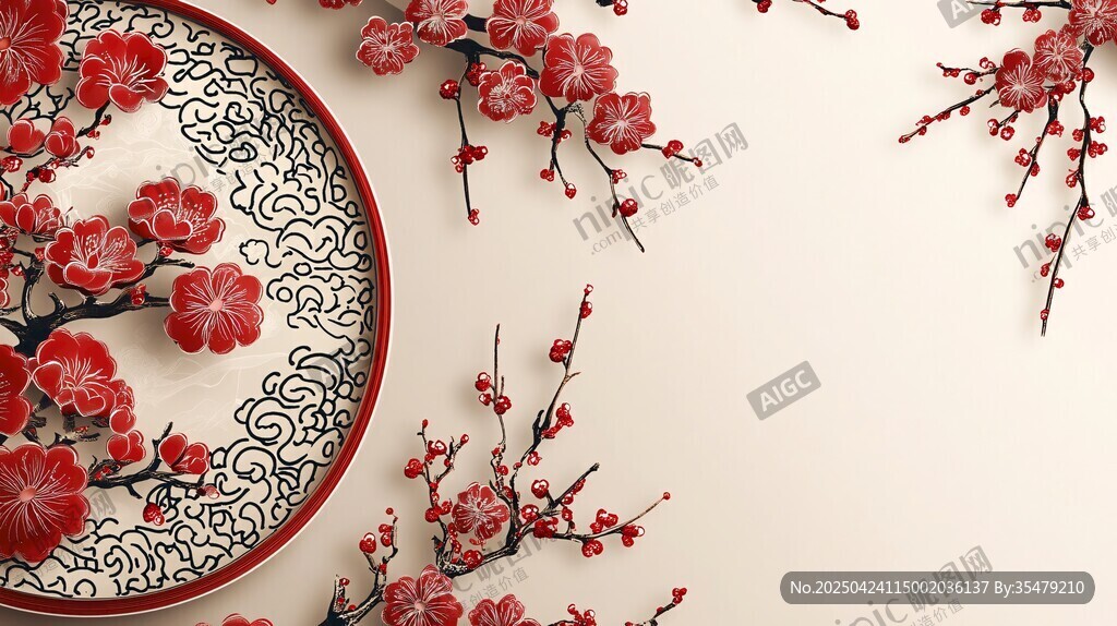 中式红梅装饰盘雅致图景