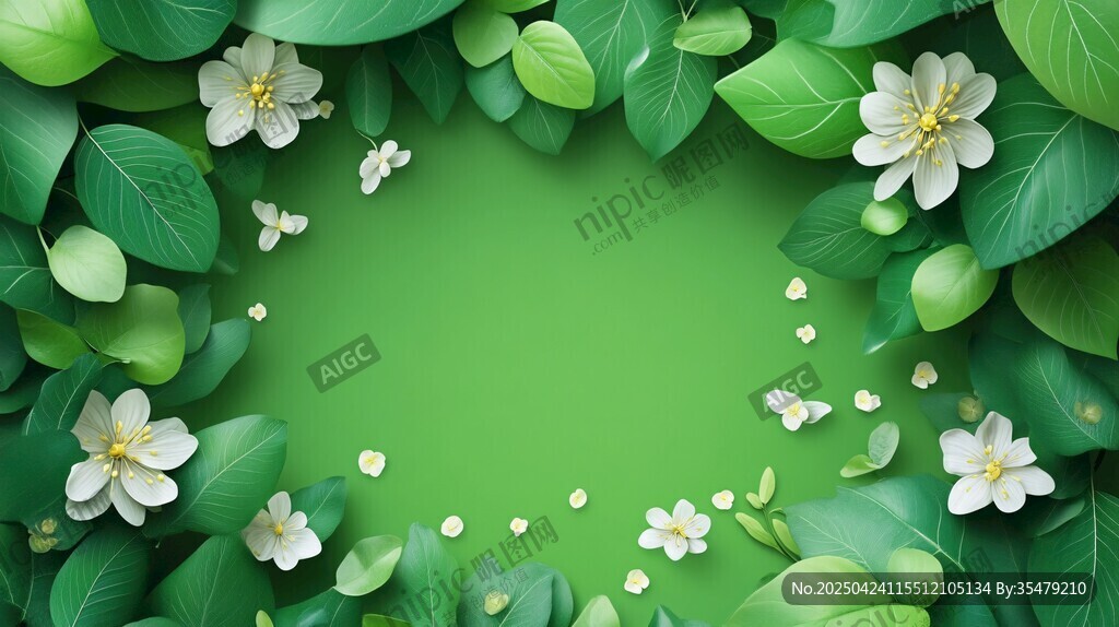 绿叶白花环绕的清新背景