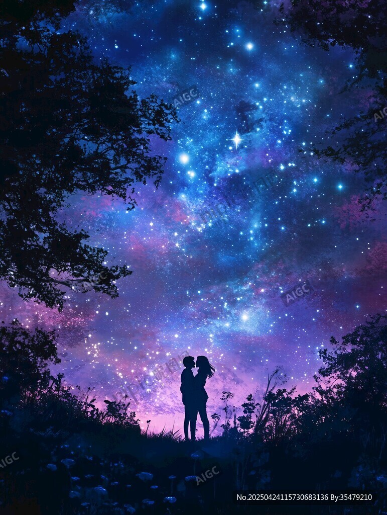星空下的浪漫情侣剪影
