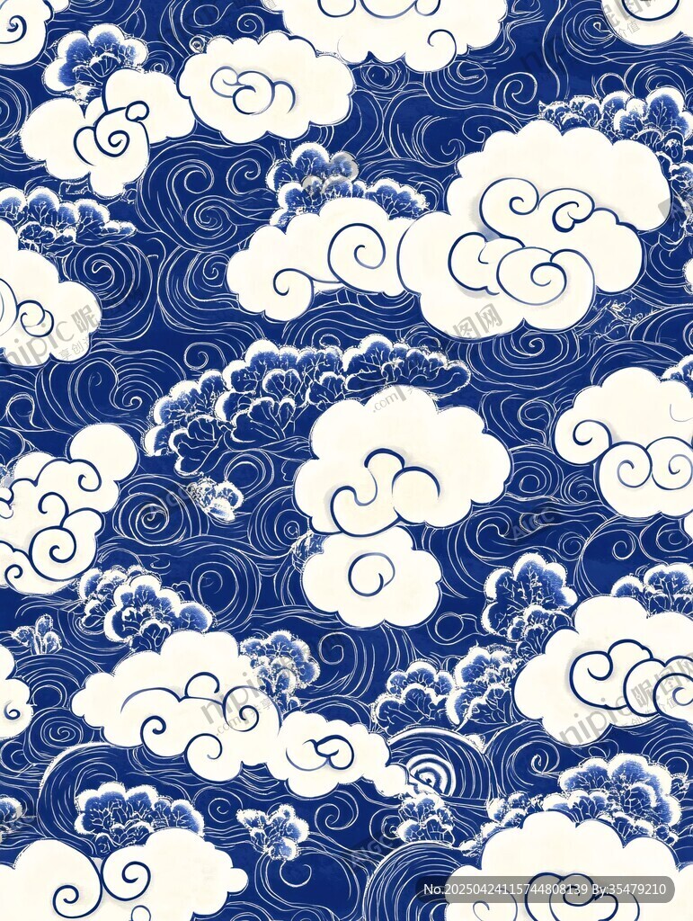 蓝白祥云海浪中式花纹图案