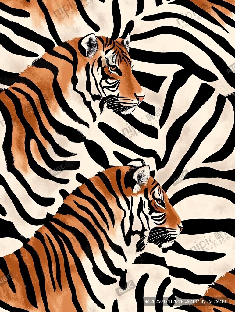 双虎斑马纹背景艺术插画