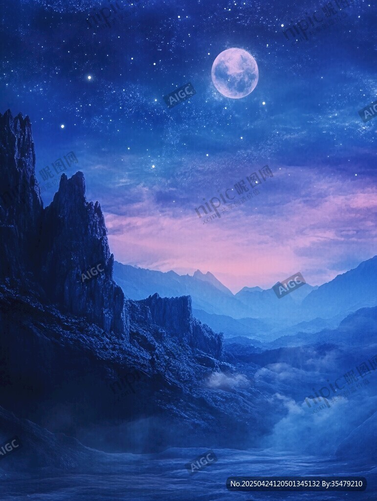 月夜下的梦幻山峦景色