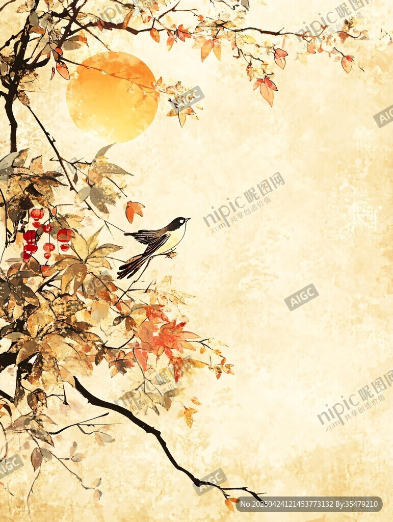 秋日枝头飞鸟诗意景象