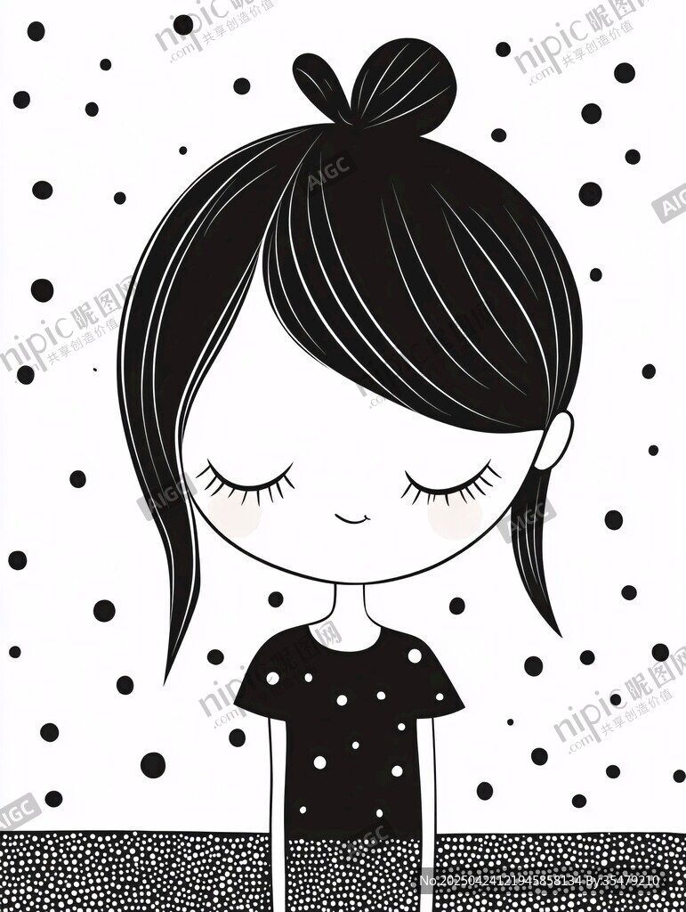 闭眼女孩的简约黑白插画