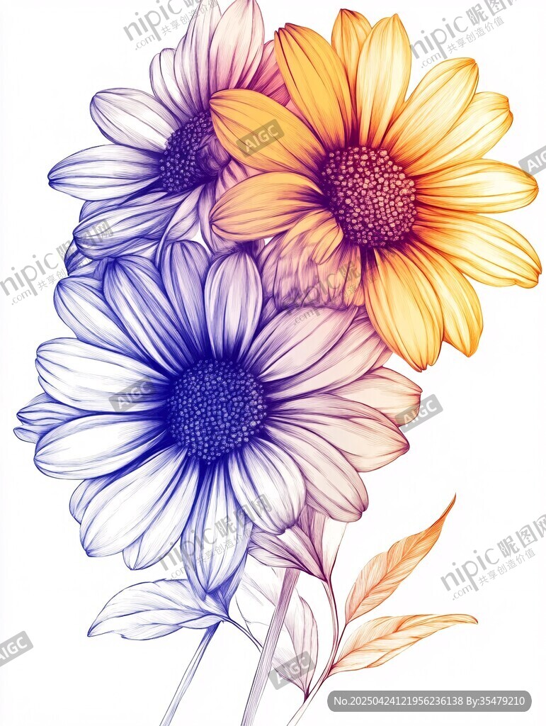 三色花朵插画 清新唯美
