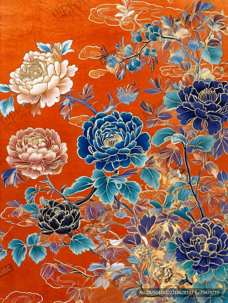 中式牡丹花卉复古风图案