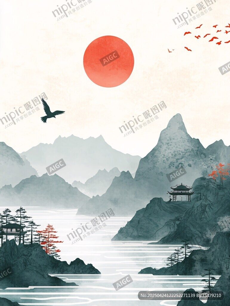 红日青山飞鸟中式山水景