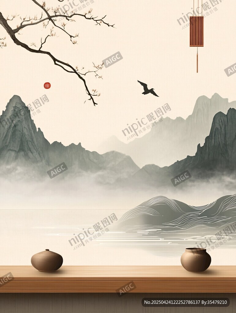 中式山水茶境意境图