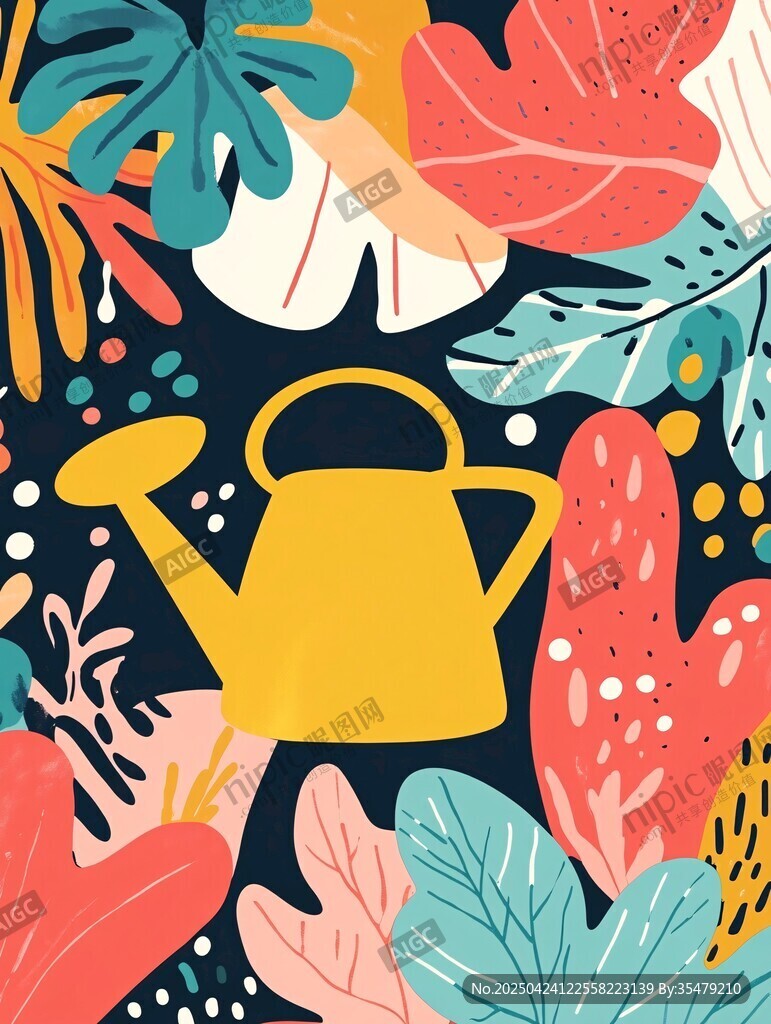 黄色喷壶与多彩植物插画